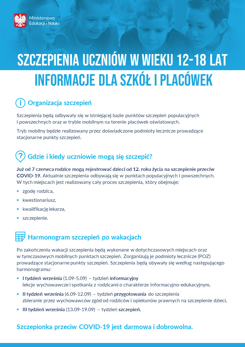 szczepienia uczniow - od 7 czerwca rodzice mogą rejestrować na szczepienie dzieci, które ukończyły 12. rok życia.