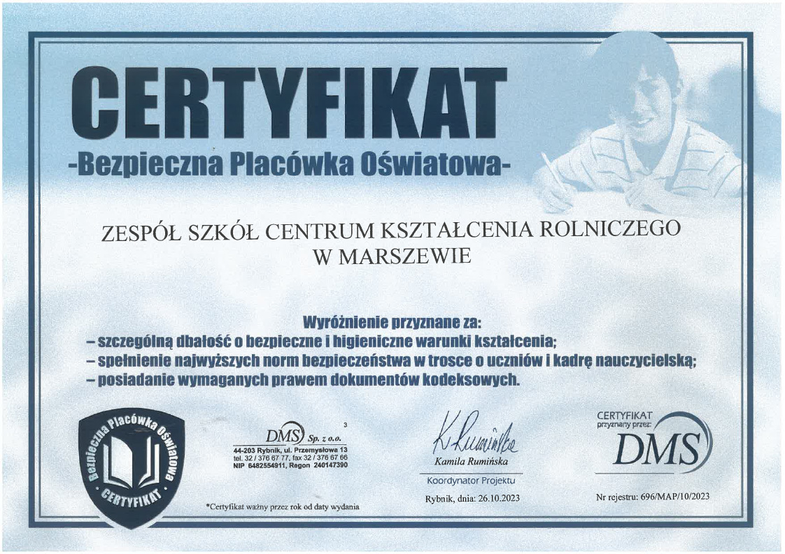 Certyfikat Bezpieczna Szkoła
